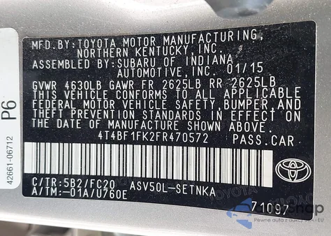 2015 Toyota Camry Le из США, поврежденный, VIN 4T4BF1FK2FR470572